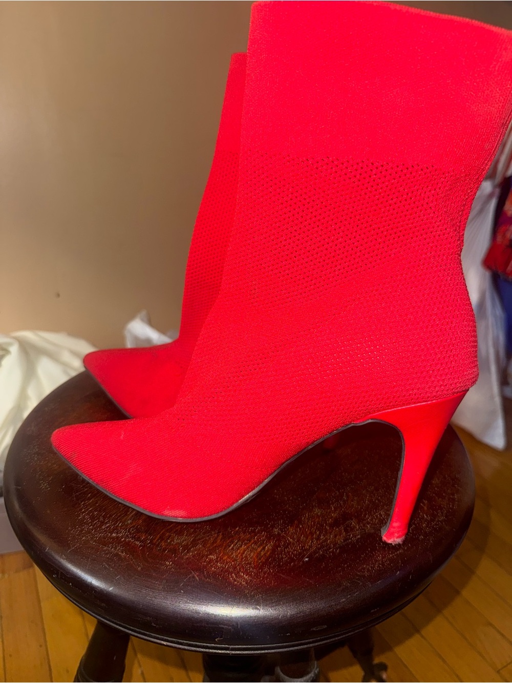 Brash Red Pointed Toe Sock Heeled Boots